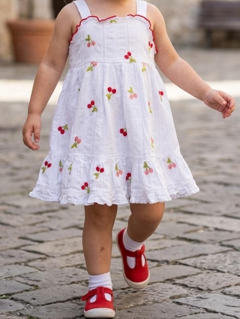 Flapdoodles White Cherry Embroidered Ruffle Dress 12M